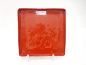 朱塗り　菊　四方盆